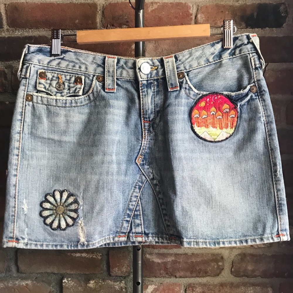 Patched Denim True Religion Skirt